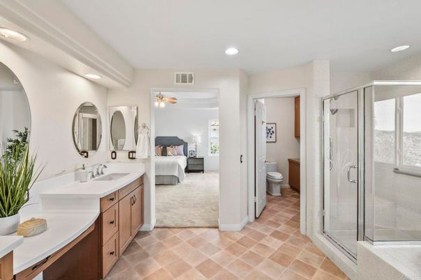 Bathroom, Bedroom, Dual Sink Vanities, Glass Shower, Interior, Recessed Lighting
