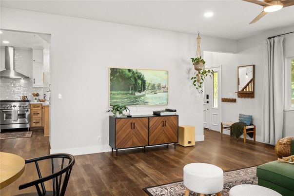 Interior, Kitchen, Recessed Lighting, Stainless Steel Appliances, Wood Texture Flooring