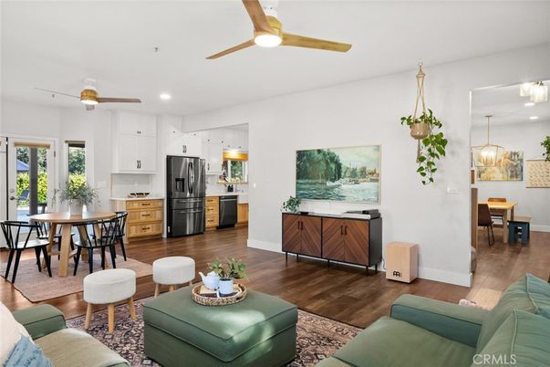 Dining room, Interior, Kitchen, Living room, Pendant Lights, Recessed Lighting, Stainless Steel Appliances, Wood Texture Flooring
