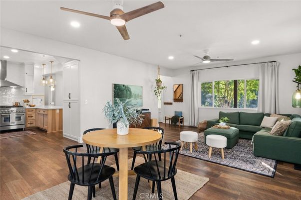 Dining room, Interior, Kitchen, Living room, Pendant Lights, Recessed Lighting, Stainless Steel Appliances, Wood Texture Flooring