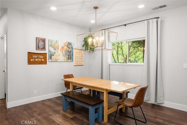 Dining room, Interior, Pendant Lights, Recessed Lighting, Wood Texture Flooring