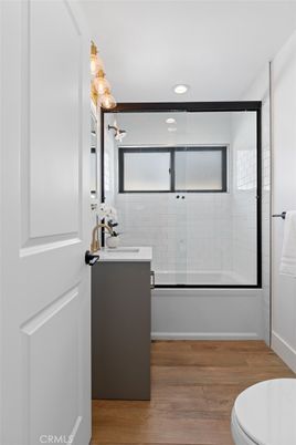 Bathroom, Glass Shower, Interior, Recessed Lighting, Wood Texture Flooring