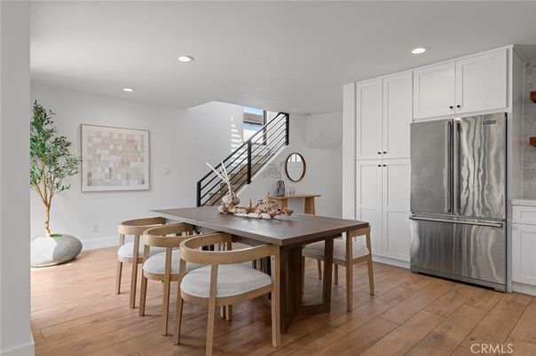 Dining room, Interior, Kitchen, Recessed Lighting, Stainless Steel Appliances, Wood Texture Flooring