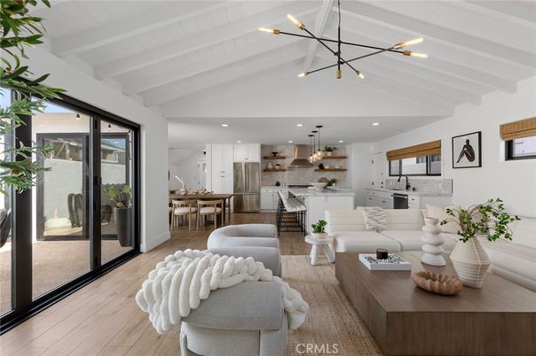 Dining room, Interior, Kitchen, Living room, Pendant Lights, Recessed Lighting, Stainless Steel Appliances, Wood Texture Flooring