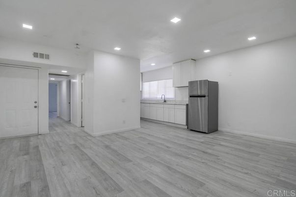 Empty room, Interior, Kitchen, Recessed Lighting, Wood Texture Flooring