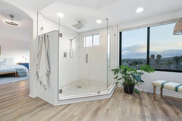 Bathroom, Bedroom, Glass Shower, Interior, Recessed Lighting, Wood Texture Flooring