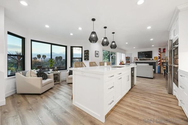 Interior, Kitchen, Living room, Pendant Lights, Recessed Lighting, Water, Wood Texture Flooring