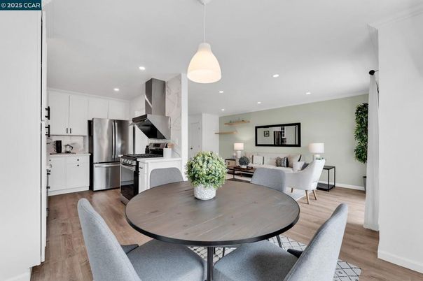 Dining room, Interior, Kitchen, Living room, Pendant Lights, Recessed Lighting, Stainless Steel Appliances, Wood Texture Flooring