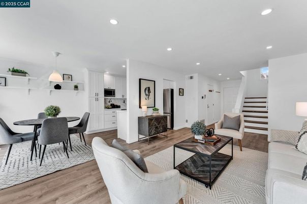 Dining room, Interior, Kitchen, Living room, Pendant Lights, Recessed Lighting, Stainless Steel Appliances, Wood Texture Flooring