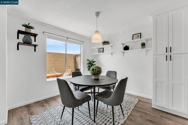 Dining room, Interior, Pendant Lights, Wood Texture Flooring