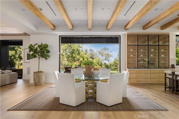 Dining room, Interior, Recessed Lighting, Wooden Beams, Wood Texture Flooring