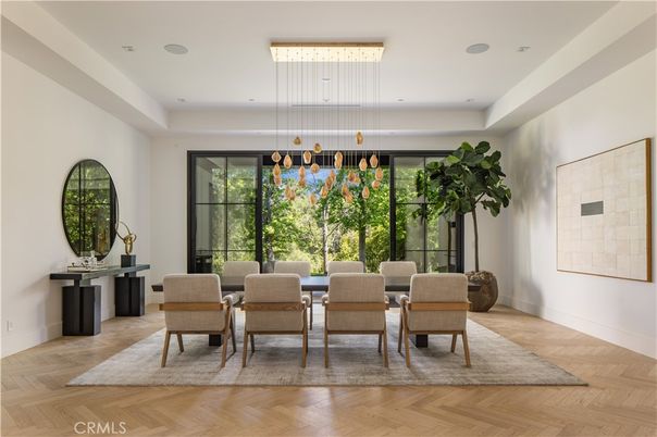 Dining room, Interior, Pendant Lights, Recessed Lighting, Wood Texture Flooring
