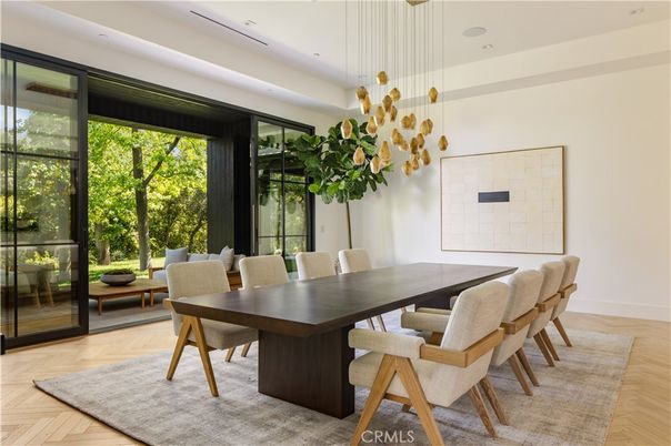 Dining room, Interior, Pendant Lights, Recessed Lighting, Wood Texture Flooring