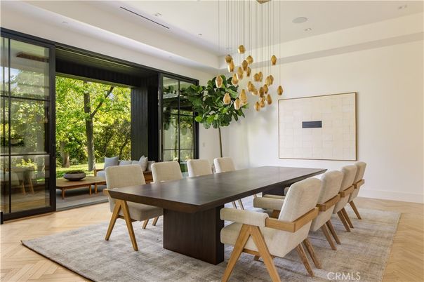 Dining room, Interior, Pendant Lights, Recessed Lighting, Wood Texture Flooring