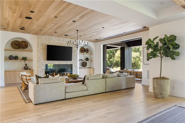 Fireplace, Interior, Living room, Pendant Lights, Recessed Lighting, Wooden Ceilings, Wood Texture Flooring