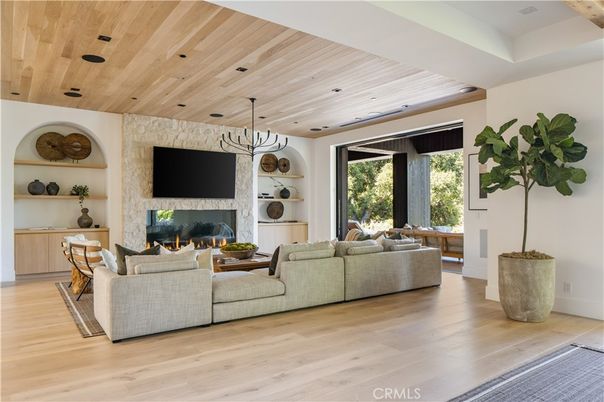 Fireplace, Interior, Living room, Pendant Lights, Recessed Lighting, Wooden Ceilings, Wood Texture Flooring