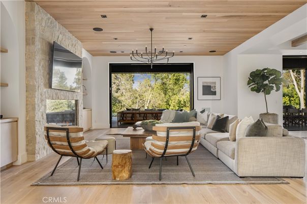 Fireplace, Interior, Living room, Pendant Lights, Stone Walls, Wooden Ceilings, Wood Texture Flooring