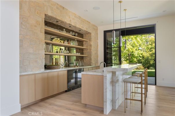 Interior, Kitchen, Pendant Lights, Recessed Lighting, Stone Walls, Wood Texture Flooring