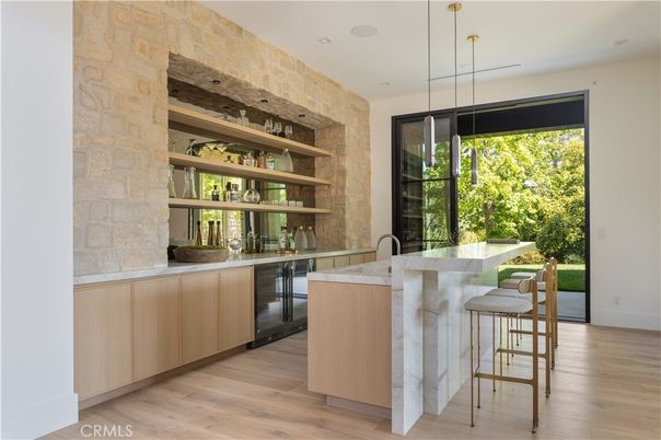 Interior, Pendant Lights, Recessed Lighting, Stone Walls, Wood Texture Flooring
