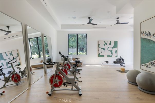Fitness Equipment, Gym, Interior, Recessed Lighting, Wood Texture Flooring