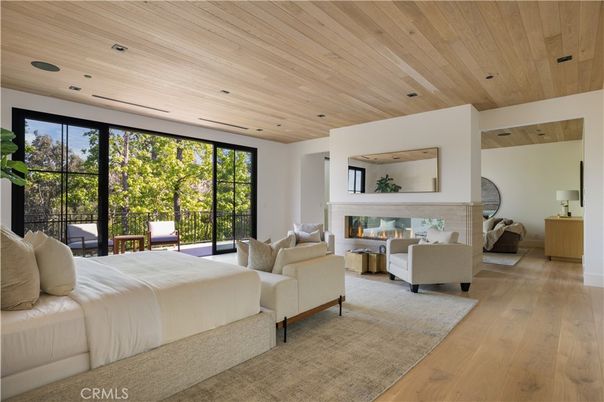 Bedroom, Fireplace, Interior, Living room, Recessed Lighting, Wooden Ceilings, Wood Texture Flooring