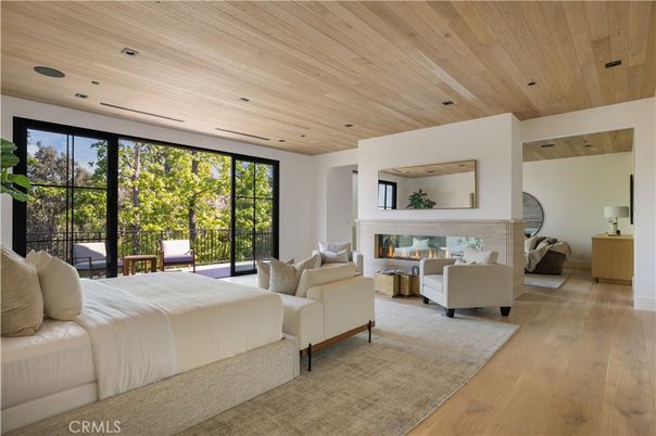 Bedroom, Fireplace, Interior, Living room, Recessed Lighting, Wooden Ceilings, Wood Texture Flooring