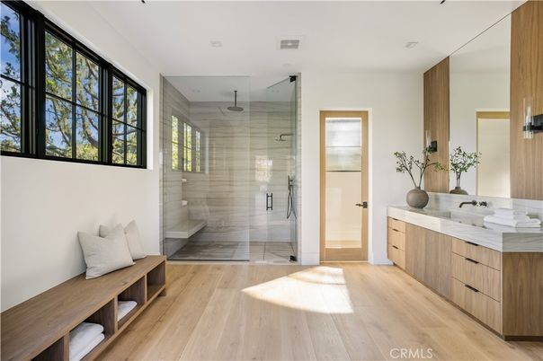 Bathroom, Glass Shower, Interior, Wood Texture Flooring