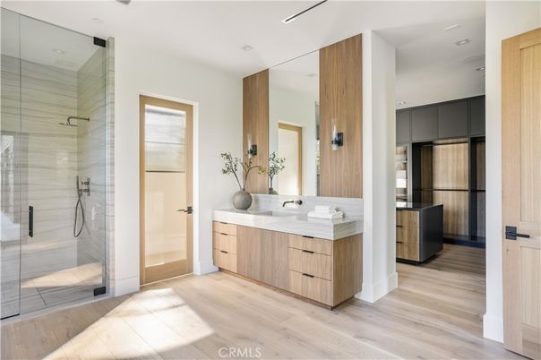 Bathroom, Glass Shower, Interior, Recessed Lighting, Wood Texture Flooring