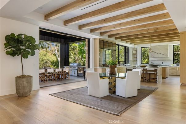 Dining room, Interior, Pendant Lights, Wooden Beams, Wood Texture Flooring