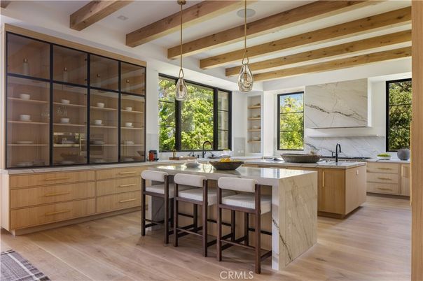 Interior, Kitchen, Marble Walls, Pendant Lights, Recessed Lighting, Wooden Beams, Wood Texture Flooring