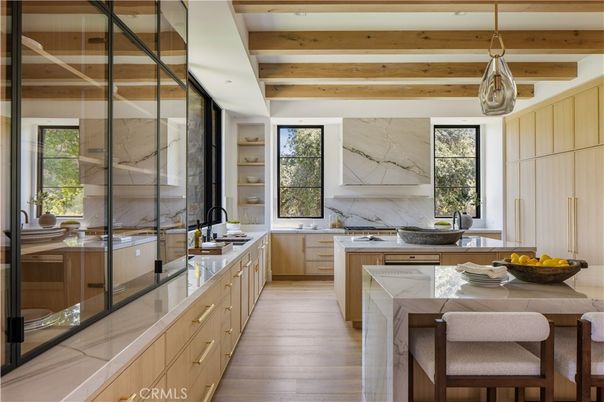 Interior, Kitchen, Marble Walls, Pendant Lights, Wooden Beams, Wood Texture Flooring