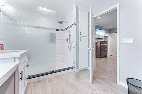 Bathroom, Glass Shower, Interior, Recessed Lighting, Wood Texture Flooring
