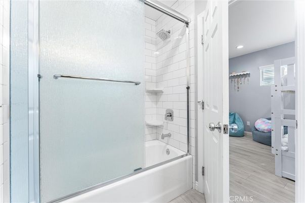 Bathroom, Glass Shower, Interior, Recessed Lighting, Wood Texture Flooring