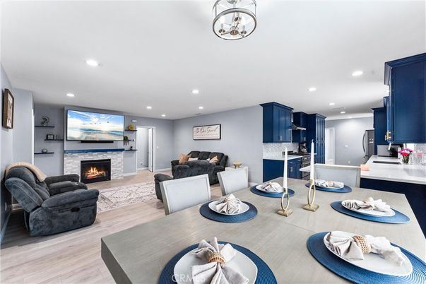 Dining room, Fireplace, Interior, Kitchen, Living room, Pendant Lights, Recessed Lighting, Wood Texture Flooring