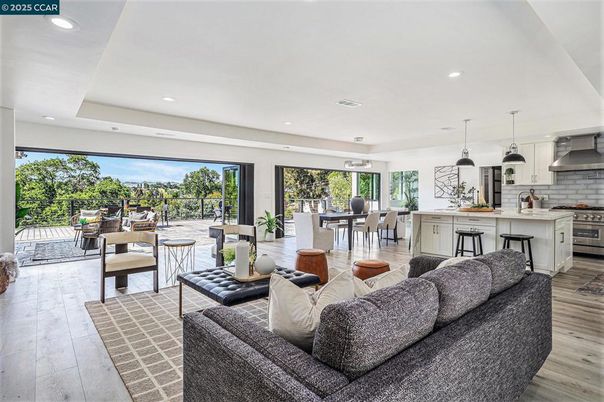 Dining room, Interior, Kitchen, Living room, Pendant Lights, Recessed Lighting, Stainless Steel Appliances, Wood Texture Flooring