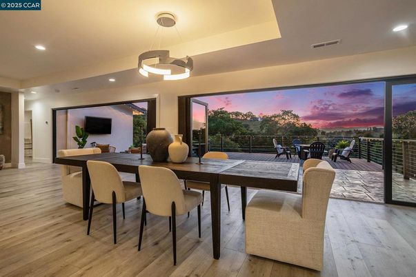 Dining room, Interior, Pendant Lights, Recessed Lighting, Wood Texture Flooring