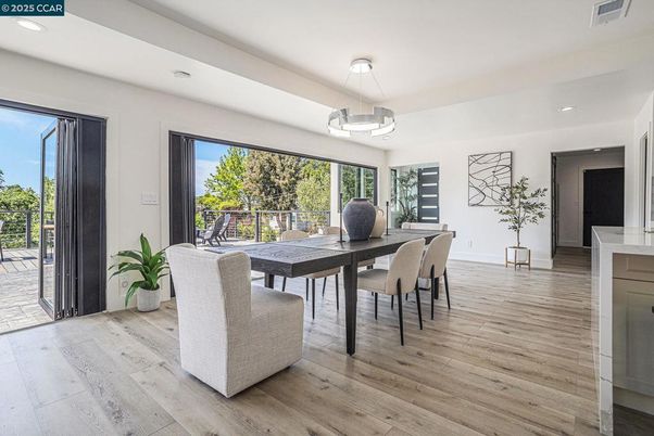 Dining room, Interior, Pendant Lights, Recessed Lighting, Wood Texture Flooring