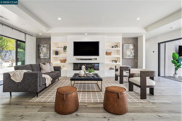 Fireplace, Interior, Living room, Recessed Lighting, Wood Texture Flooring