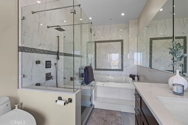 Bathroom, Glass Shower, Interior, Marble Walls, Recessed Lighting