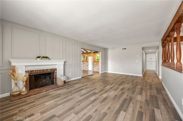 Empty room, Fireplace, Interior, Recessed Lighting, Wood Texture Flooring