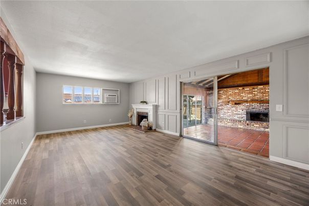 Empty room, Fireplace, Interior, Stone Walls, Wood Texture Flooring