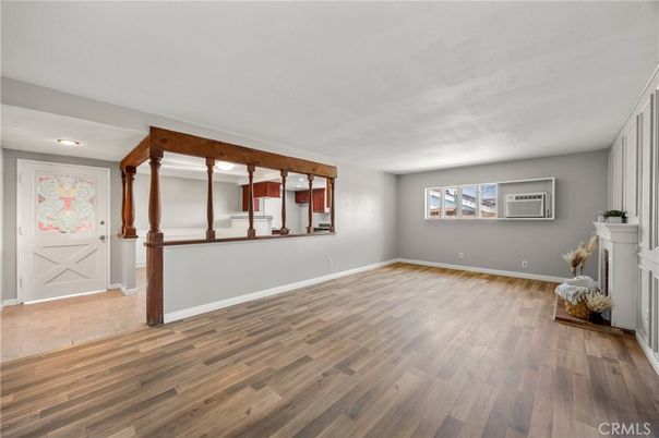 Empty room, Fireplace, Interior, Recessed Lighting, Wood Texture Flooring