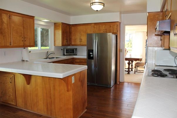 Interior, Kitchen, Tile Countertops, Wood Texture Flooring