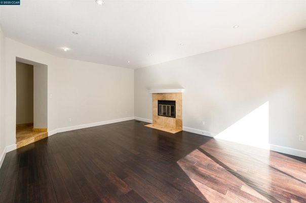 Empty room, Fireplace, Interior, Recessed Lighting, Wood Texture Flooring