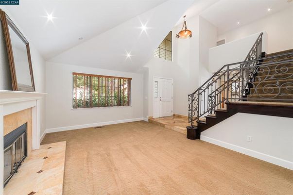Fireplace, Interior, Pendant Lights, Recessed Lighting, Wood Texture Flooring
