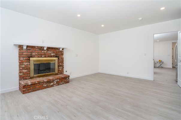 Empty room, Fireplace, Interior, Recessed Lighting, Wood Texture Flooring