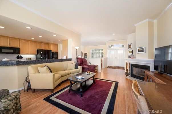 Fireplace, Interior, Kitchen, Living room, Recessed Lighting, Wood Texture Flooring