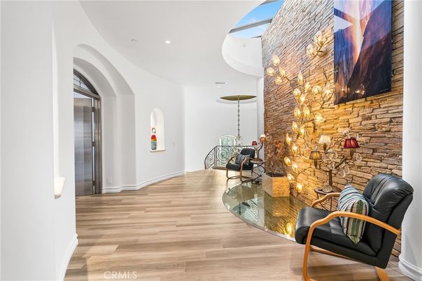 Chandelier, Interior, Pendant Lights, Recessed Lighting, Stone Walls, Wood Texture Flooring