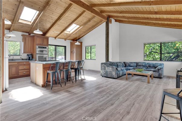 Interior, Kitchen, Living room, Pendant Lights, Stainless Steel Appliances, Wooden Beams, Wooden Ceilings, Wood Texture Flooring