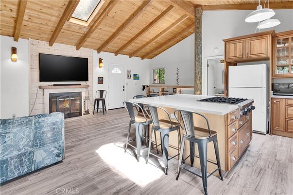Fireplace, Interior, Kitchen, Pendant Lights, Wooden Beams, Wooden Ceilings, Wood Texture Flooring